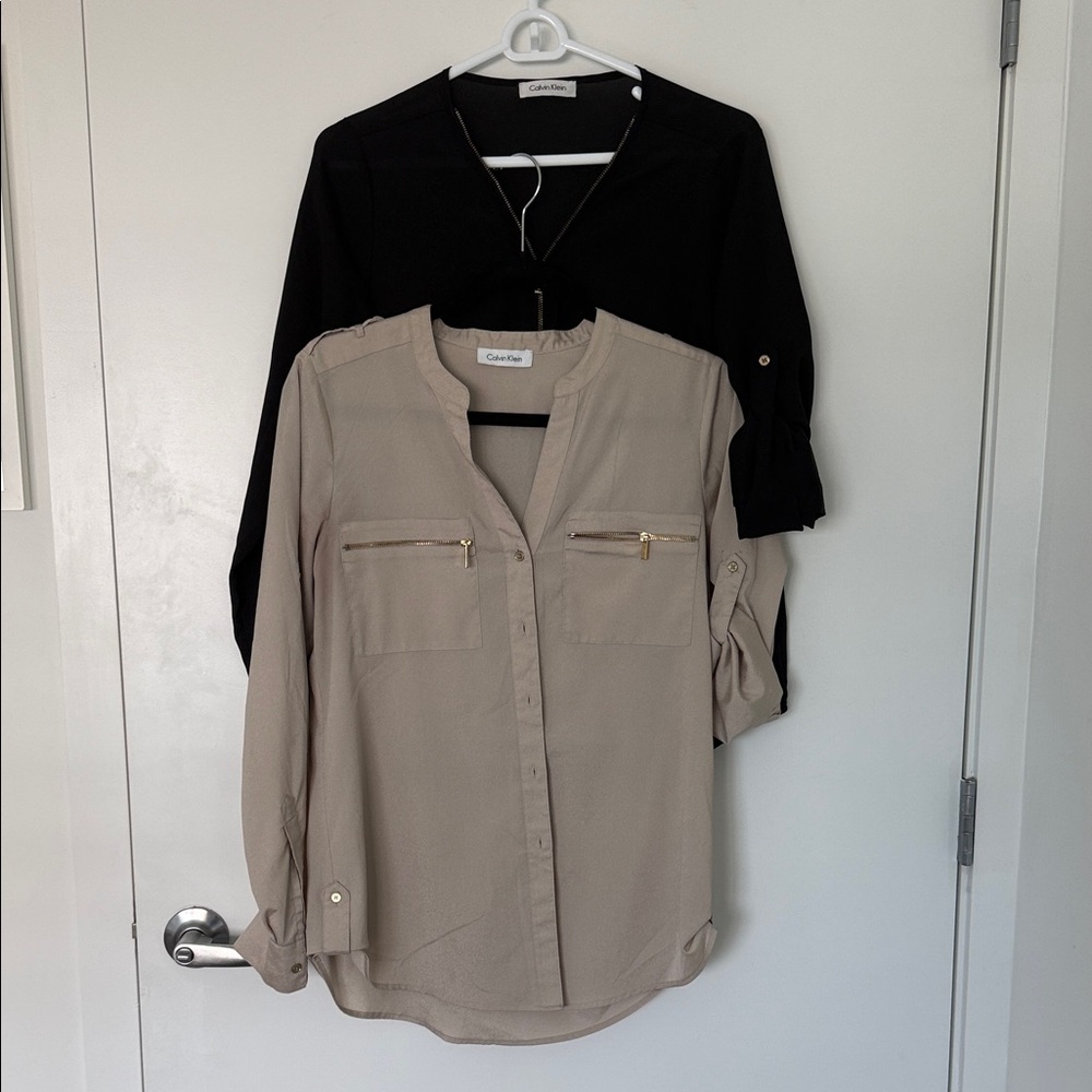 Calvin Klein Women's Black and Beige Button Down Shirts